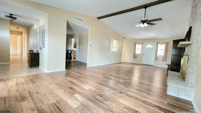 unfurnished living room with light wood-type flooring, lofted ceiling with beams, visible vents, and a textured ceiling