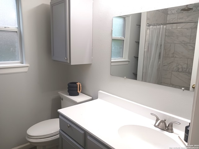 bathroom with vanity, toilet, and a shower with shower curtain