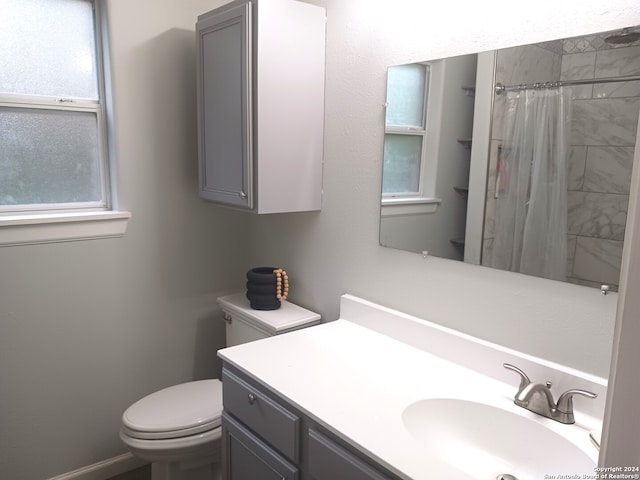 bathroom featuring vanity, toilet, and a shower with curtain