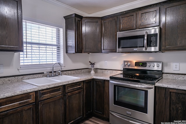 kitchen featuring stainless steel appliances, sink, dark brown cabinetry, and ornamental molding