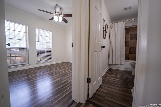 hall with crown molding and dark hardwood / wood-style floors