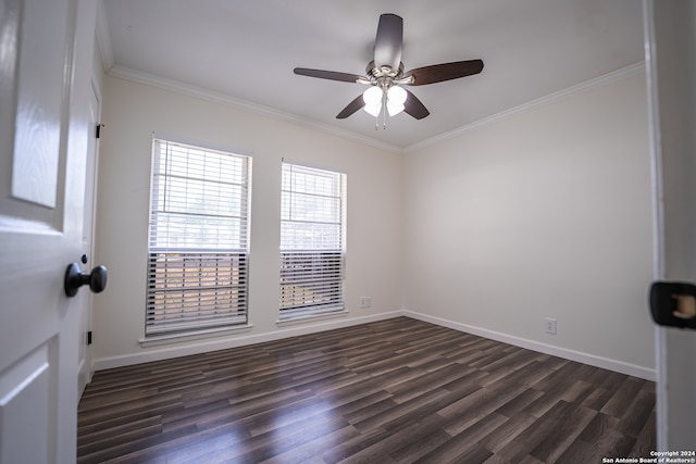 unfurnished room with ceiling fan, dark hardwood / wood-style flooring, and crown molding