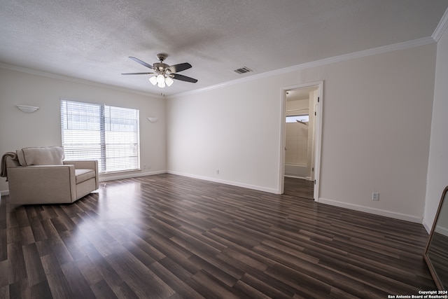 unfurnished living room featuring a textured ceiling, ceiling fan, ornamental molding, and dark hardwood / wood-style flooring