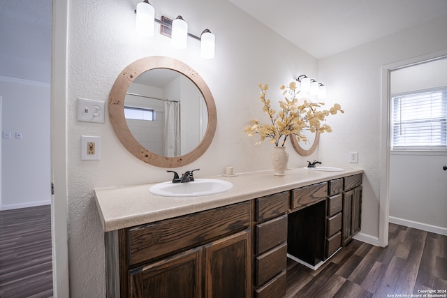 bathroom with vanity and hardwood / wood-style flooring