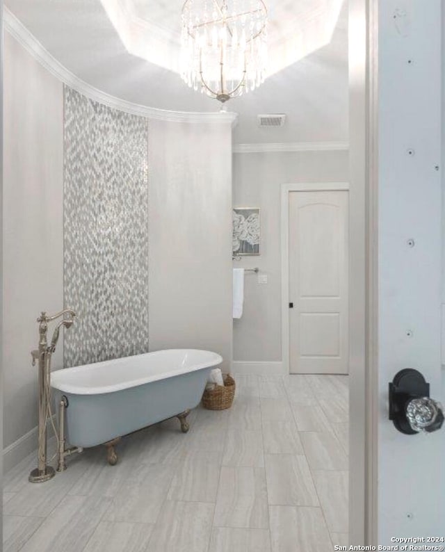 bathroom featuring a raised ceiling, crown molding, and a bath