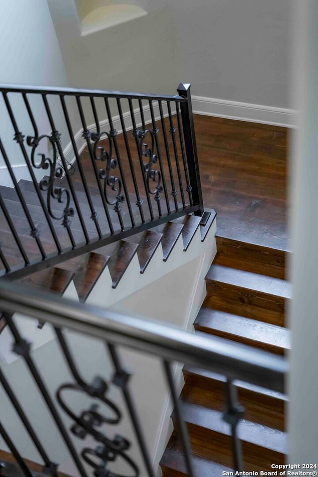 stairway with hardwood / wood-style flooring