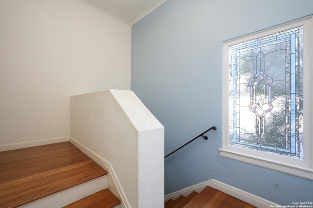 stairway featuring hardwood / wood-style flooring