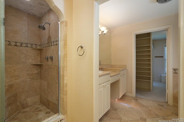 bathroom featuring a stall shower, a walk in closet, and vanity