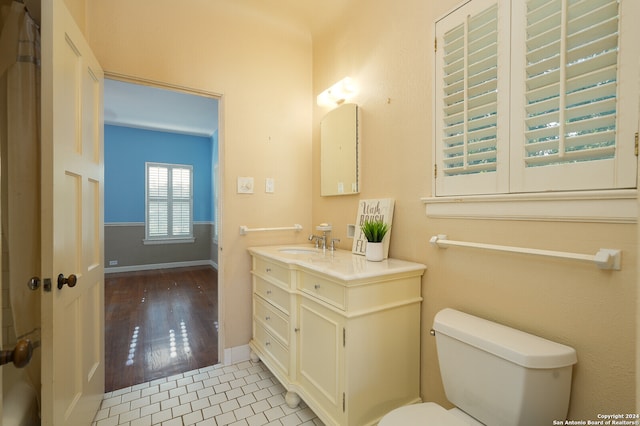 bathroom featuring vanity, toilet, and hardwood / wood-style floors