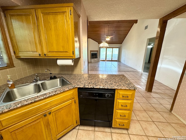 kitchen featuring a textured ceiling, dishwasher, kitchen peninsula, and backsplash