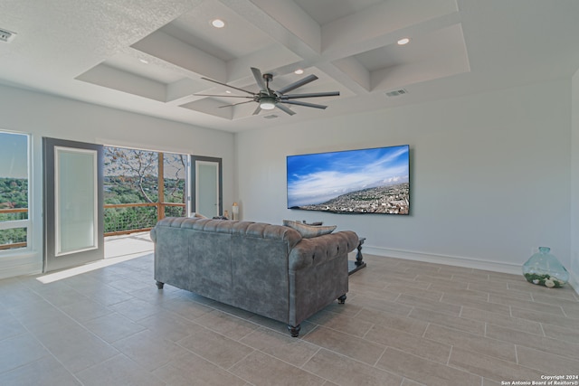 tiled living room featuring beam ceiling, recessed lighting, a ceiling fan, coffered ceiling, and baseboards