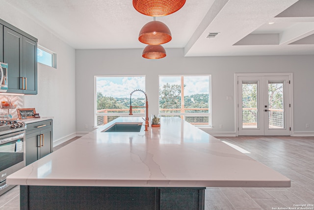 kitchen with an island with sink, light hardwood / wood-style flooring, stainless steel appliances, and sink