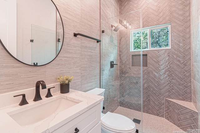 full bathroom featuring a stall shower, vanity, and toilet