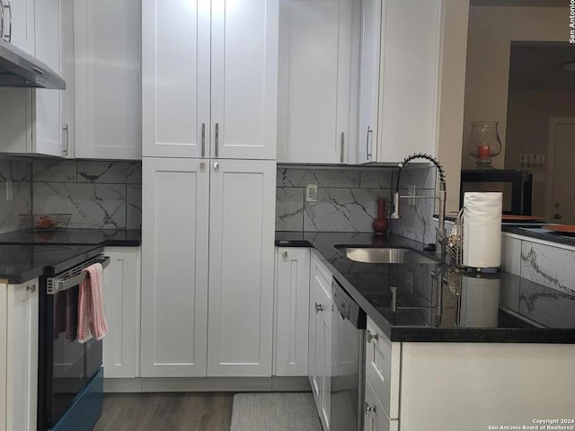 kitchen featuring sink, white cabinetry, dishwasher, range with electric cooktop, and backsplash