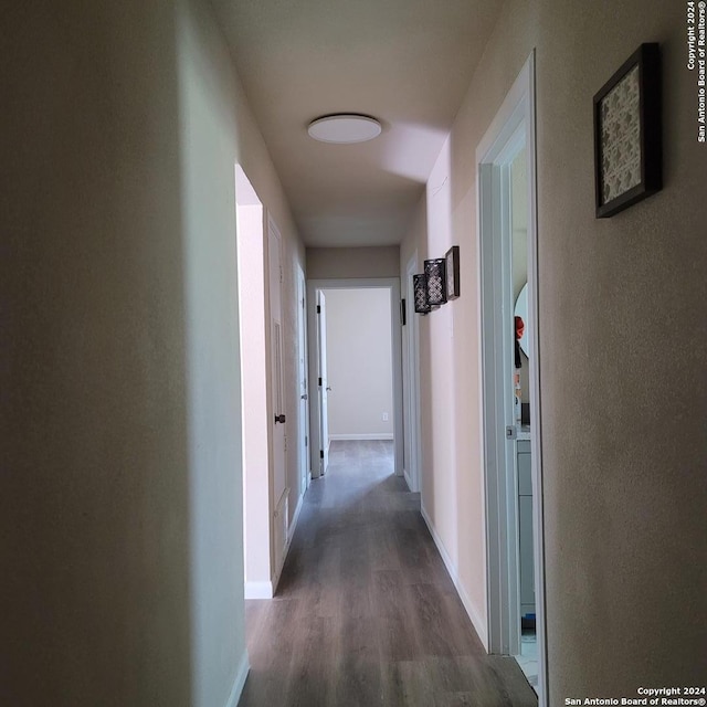 corridor with dark hardwood / wood-style flooring