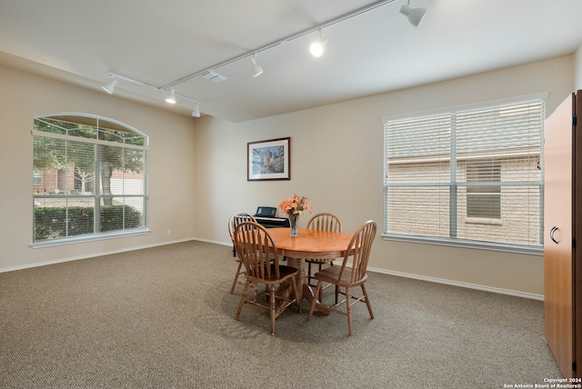 carpeted dining room featuring rail lighting