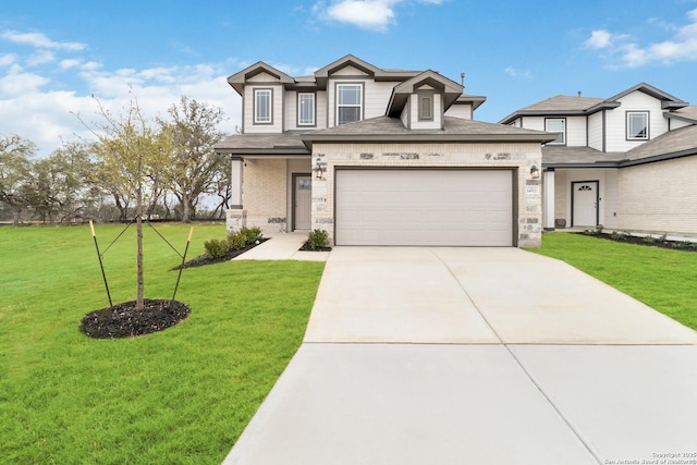 view of front of house with a garage, a front lawn, concrete driveway, and brick siding