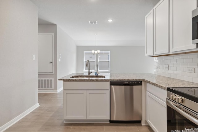 kitchen featuring appliances with stainless steel finishes, visible vents, a sink, and a peninsula