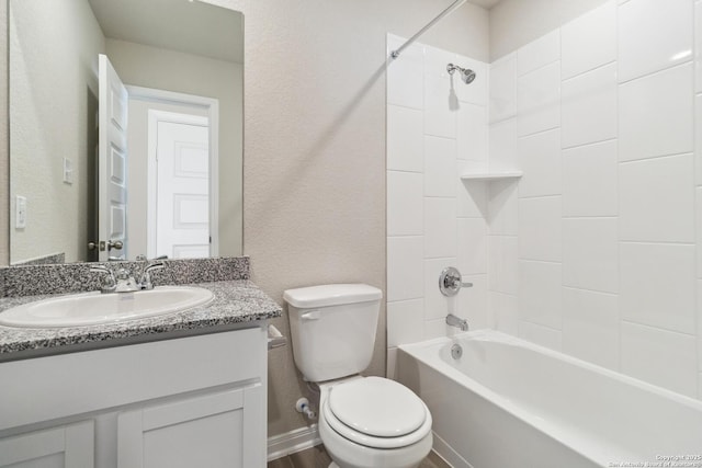 full bath featuring shower / bath combination, vanity, toilet, and wood finished floors