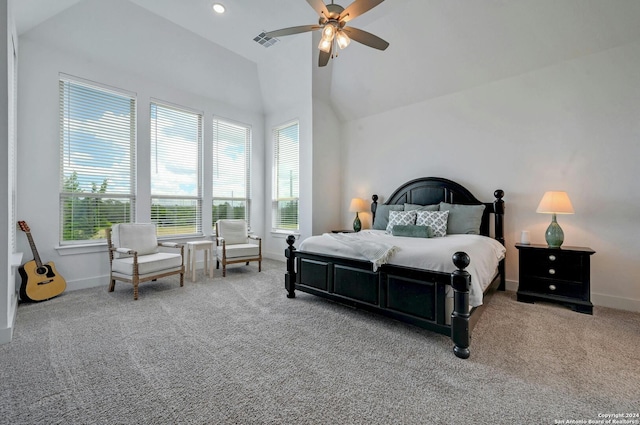 carpeted bedroom featuring baseboards, visible vents, lofted ceiling, ceiling fan, and recessed lighting