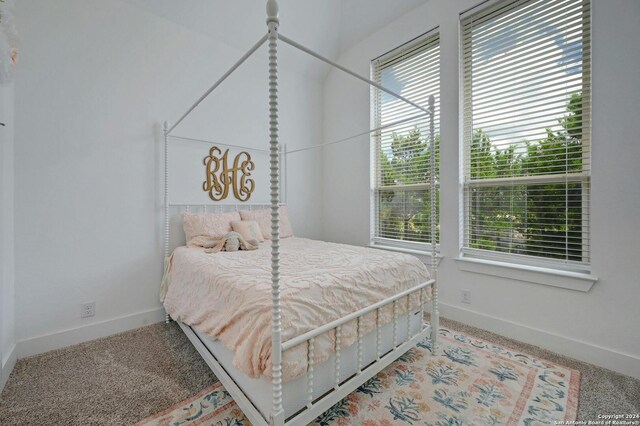 bedroom with light colored carpet and multiple windows