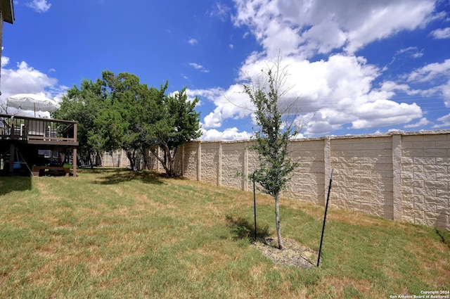 view of yard featuring a fenced backyard and a wooden deck