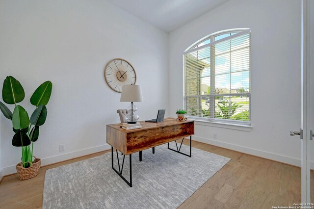 office space featuring light wood-type flooring, vaulted ceiling, and a healthy amount of sunlight