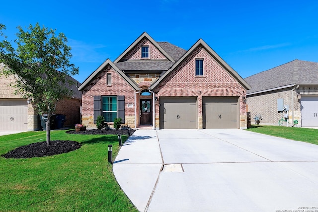 view of front of house with a garage and a front lawn