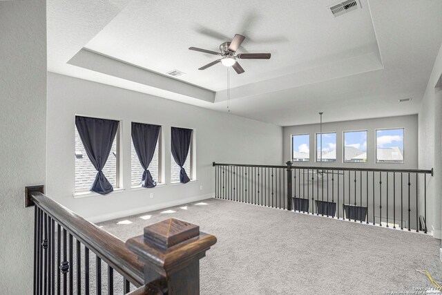 interior space featuring a raised ceiling, plenty of natural light, and carpet