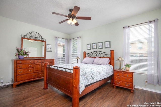 bedroom featuring a ceiling fan, multiple windows, and dark wood finished floors