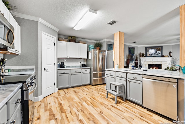 kitchen featuring a fireplace, ornamental molding, light hardwood / wood-style flooring, stainless steel appliances, and sink