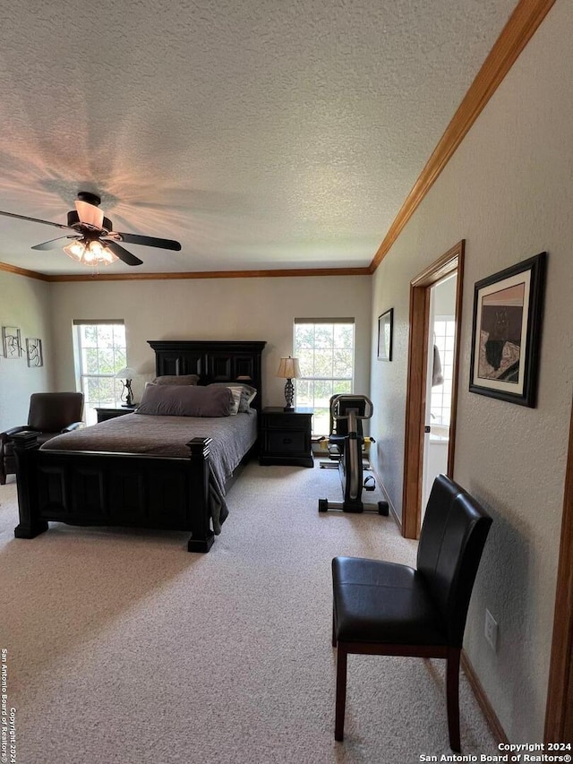 carpeted bedroom with ceiling fan, multiple windows, a textured ceiling, and crown molding