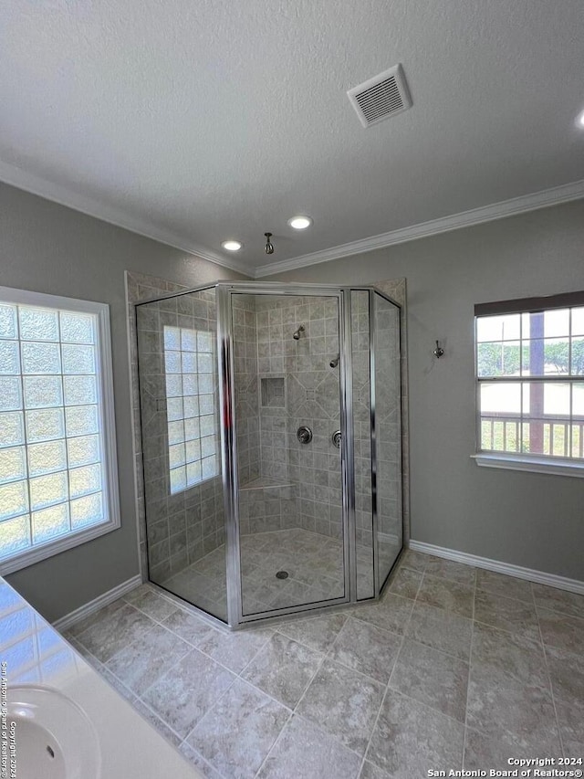 bathroom featuring ornamental molding, a textured ceiling, and a healthy amount of sunlight