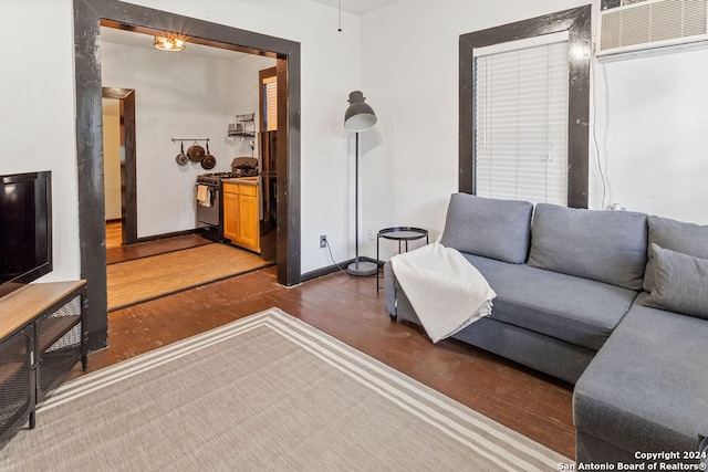 living room featuring dark wood-type flooring and a wall mounted AC