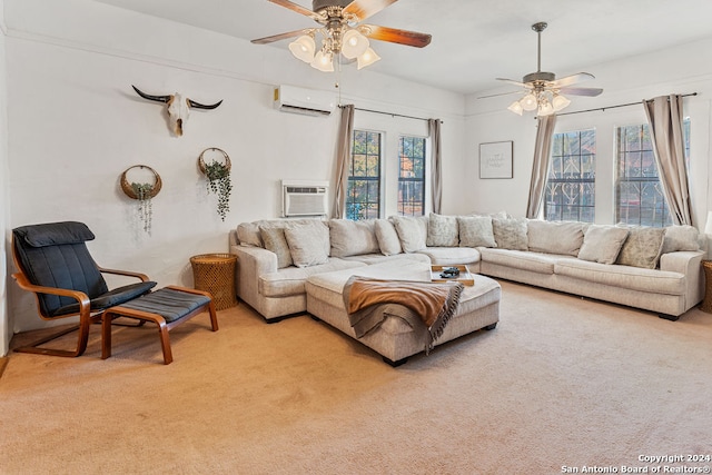 carpeted living room featuring an AC wall unit and ceiling fan