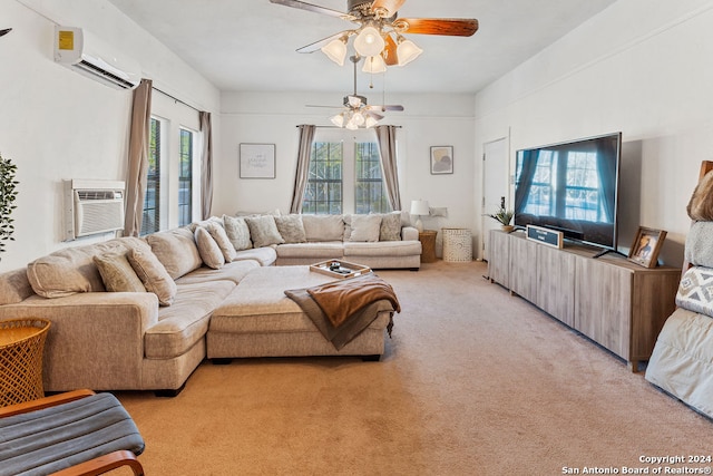 carpeted living room featuring ceiling fan and a wall unit AC