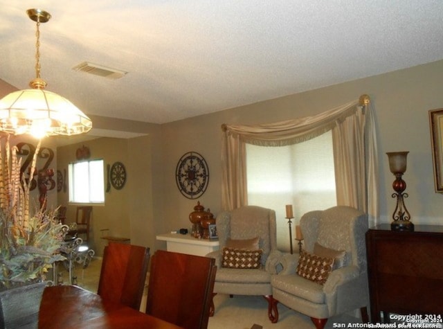 living room with a textured ceiling