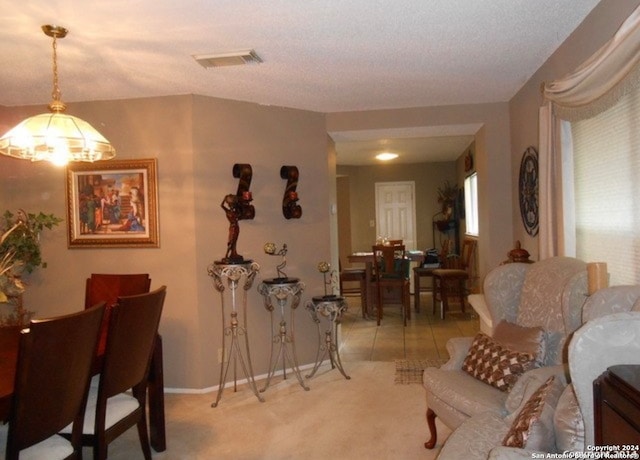 interior space with a textured ceiling and light colored carpet