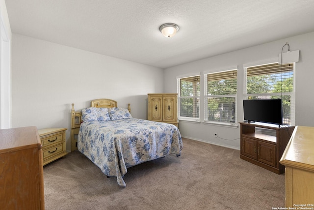 bedroom with light carpet and a textured ceiling