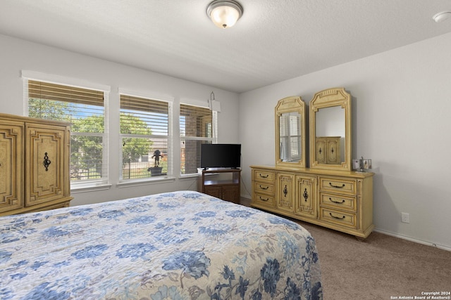 bedroom with carpet, baseboards, and a textured ceiling