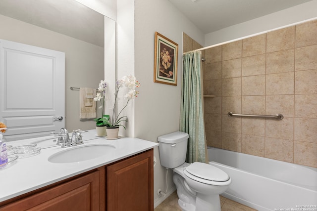 full bathroom with tile patterned flooring, vanity, toilet, and shower / bath combination with curtain