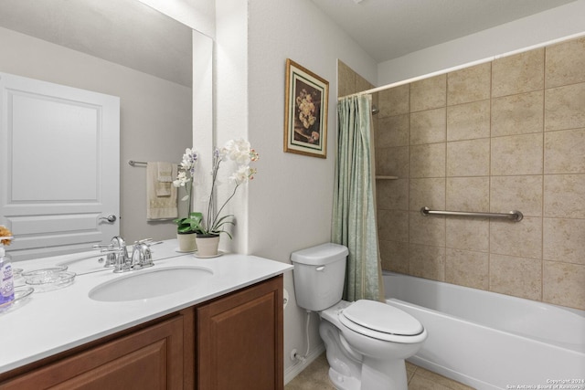 full bath featuring toilet, tile patterned floors, shower / bath combo with shower curtain, and vanity