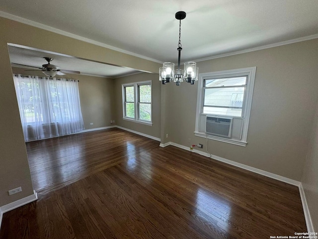 interior space featuring cooling unit, ceiling fan with notable chandelier, dark hardwood / wood-style flooring, and ornamental molding