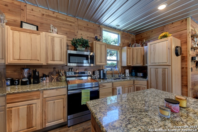 kitchen featuring light stone counters, stainless steel appliances, wood walls, and sink
