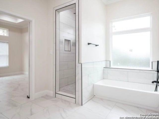 bathroom with a healthy amount of sunlight, ornamental molding, and independent shower and bath