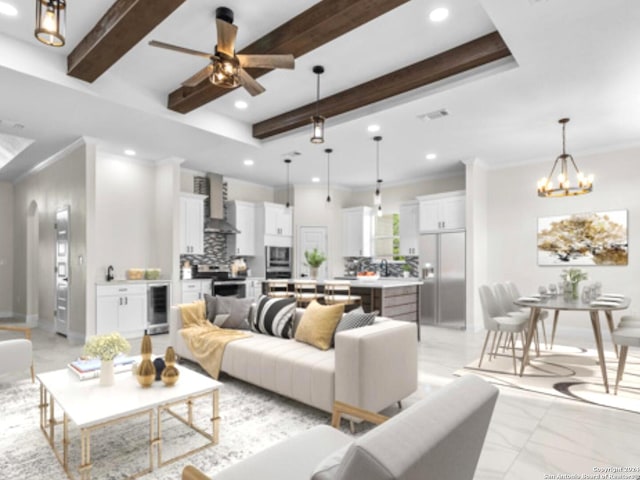 living room with ceiling fan with notable chandelier, crown molding, beamed ceiling, and wine cooler