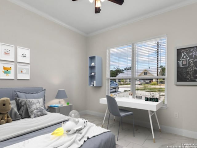 bedroom with ornamental molding and ceiling fan