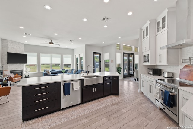 kitchen with wall chimney exhaust hood, appliances with stainless steel finishes, plenty of natural light, and a fireplace