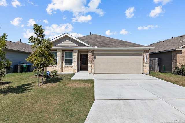 ranch-style house with a front yard and a garage