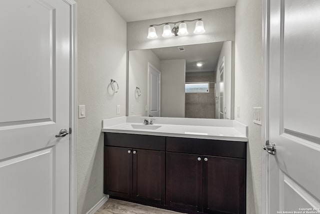 bathroom with vanity and a tile shower